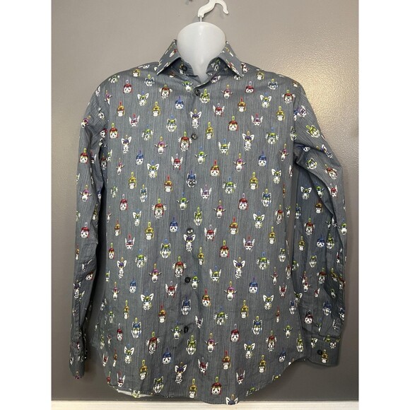 Jared Lang Shirt Mens Medium Gray Novelty Dog Print Button Front Cotton Casual - Picture 2 of 9
